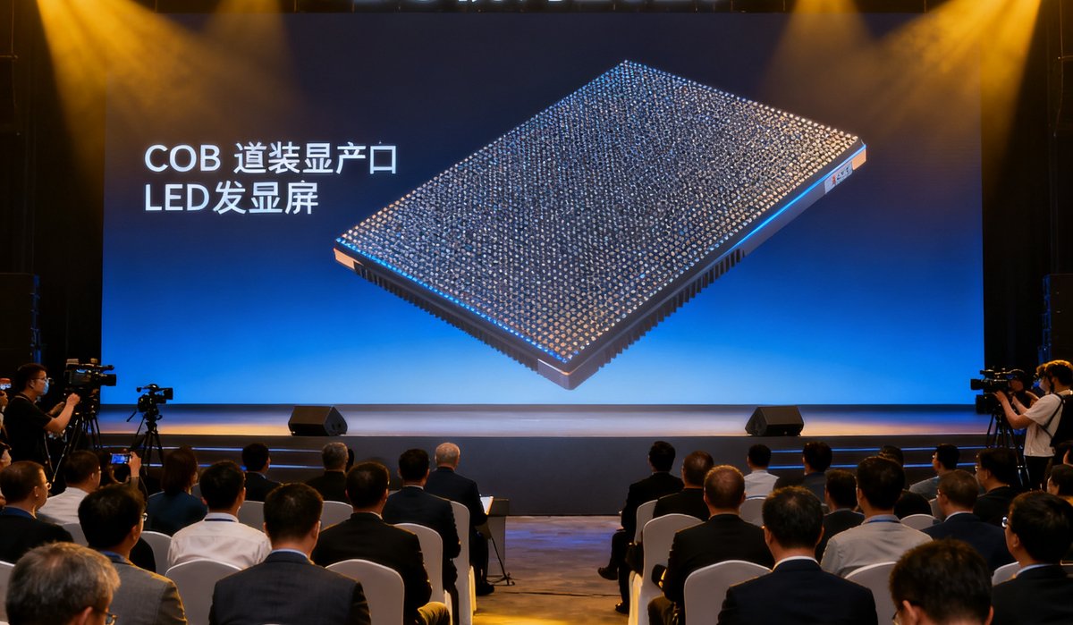DS视讯2025新品发布会现场，舞台上展示着新一代COB封装LED显示屏，台下坐满行业嘉宾和媒体记者