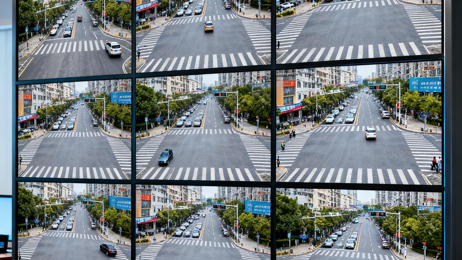 安防监控中心内9块DS视讯液晶拼接屏组成的3乘3矩阵，清晰显示多个城市路口实时监控画面，拼缝几乎不可见
