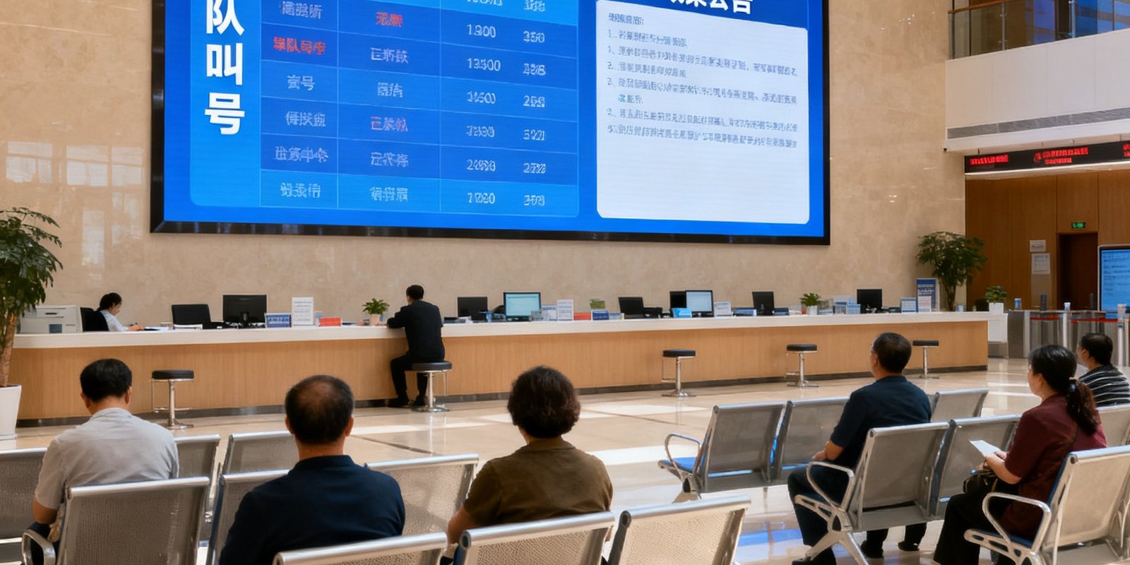 宽敞明亮的政务服务中心大厅，正面墙壁安装着DS视讯大型LED信息发布屏，显示排队叫号和政策公告信息，市民在座椅区等候